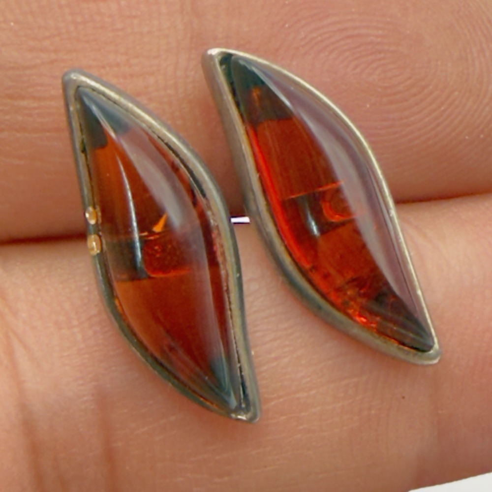 Sterling Silver Amber Stud Earrings Womens Orange Good Wavy Navette Vintage